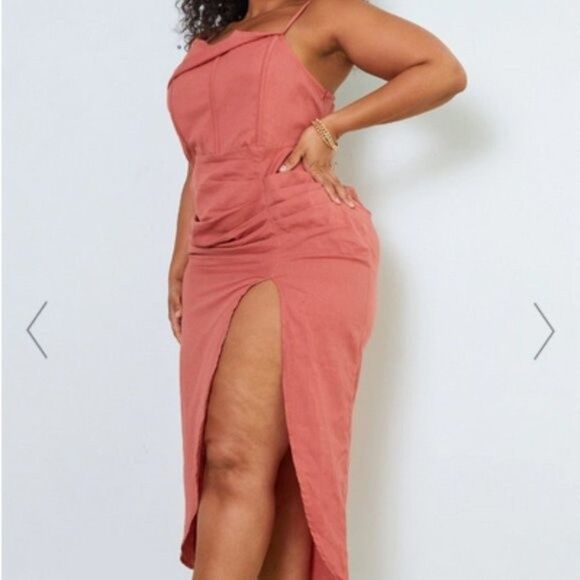 PrettyLittleThing rust gathered linen side split midi dress - Picture 1 of 9
